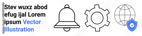 Bell, gear, globe, and shield icon with check mark portraying notifications, settings, global link, and security. Ideal for technology, apps alerts privacy internet systems simple landing pages