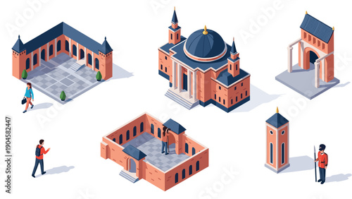Isometric historic architecture set featuring iconic landmarks with figures