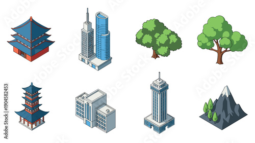 Isometric urban and nature icons: buildings, trees, and mountains
