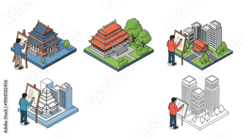 Isometric styles: artists painting asian and modern buildings