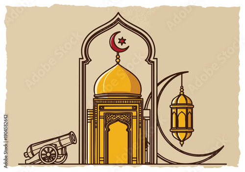Islamic Mosque Illustration. Ramadan Celebration Vector Art. Vintage Paper Texture. Greeting Card Design.