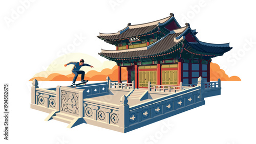 Skateboarding adventure at traditional asian architecture with sunset backdrop