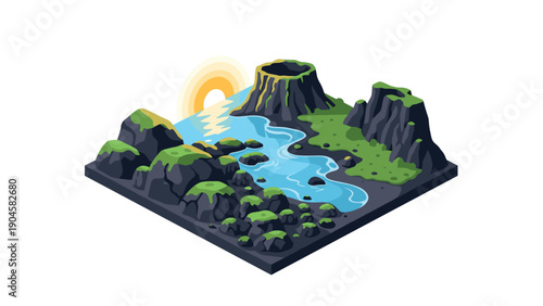 Isometric landscape with volcanic crater and river at sunset