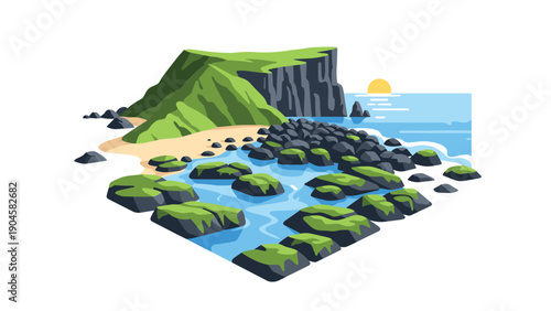 Coastal landscape with green cliffs and blue ocean in geometric art style