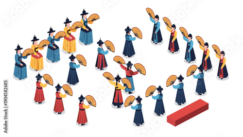 Traditional korean fan dance in colorful hanbok attire