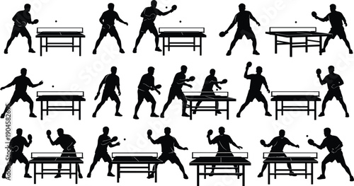 Large set of table tennis player silhouettes playing ping pong with paddles and balls in various action poses isolated on white background vector.