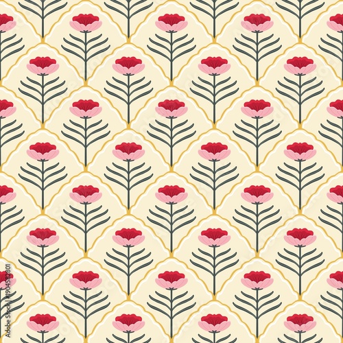 seamless pattern with red flower on yellow background 