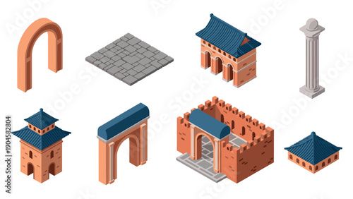 Isometric ancient architecture icons set featuring gates and columns