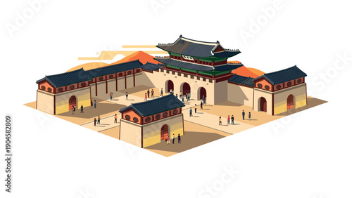 Traditional korean palace in isometric design with visitors and scenic mountain background