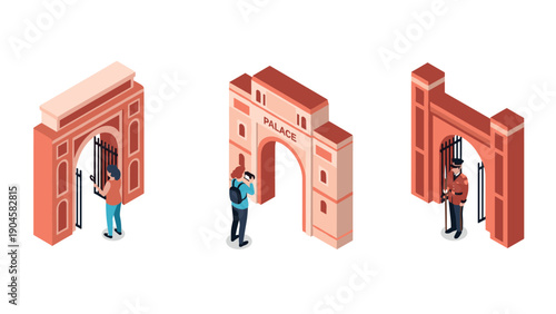 Tourists at monumental city gates: three isometric entrance scenes