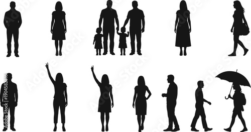 Large set of people silhouettes with men women and families in various poses like walking standing and holding umbrella isolated on white background vector.