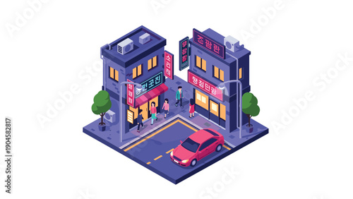 Isometric city nightlife scene with neon lights and people in urban setting
