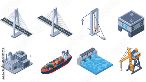 Isometric infrastructure set: bridges, shipping, construction, industrial elements