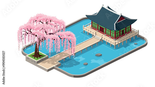 Isometric traditional asian architecture with cherry blossom tree and tranquil water