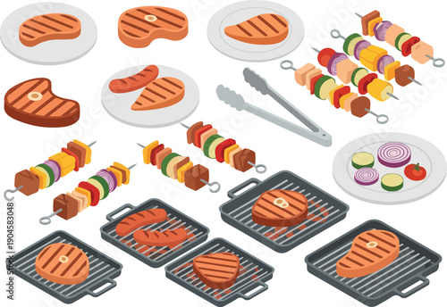 Collection of delicious grilled food items including steaks, sausages, and skewers, perfect for summer cookouts and barbecue events