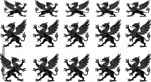 Large set of black griffin silhouettes with majestic wings and claws, mythical heraldic creatures and fantasy monster icons isolated on white background flat vector.