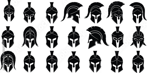 Large set of ancient Spartan and Greek gladiator helmet silhouettes, black warrior head armor icons for history and gaming design isolated on white background vector.