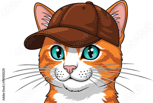 Cute orange ginger tabby cat wearing a brown baseball cap hat, funny cartoon kitten portrait with turquoise eyes isolated on white background for design.