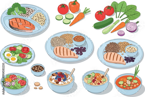 A diverse collection of healthy and nutritious food dishes, including various salads, grains, proteins, and vegetables, presented in a visually appealing arrangement