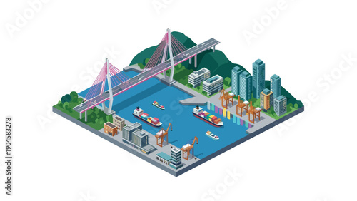 Isometric port city with suspension bridge and modern buildings