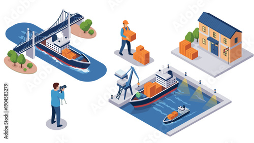 Isometric maritime logistics and cargo management concept with ships and warehouse