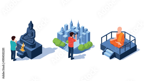 Isometric meditation and photography scenes with buddha and modern city
