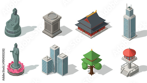 Isometric icons of asian architecture and cultural symbols