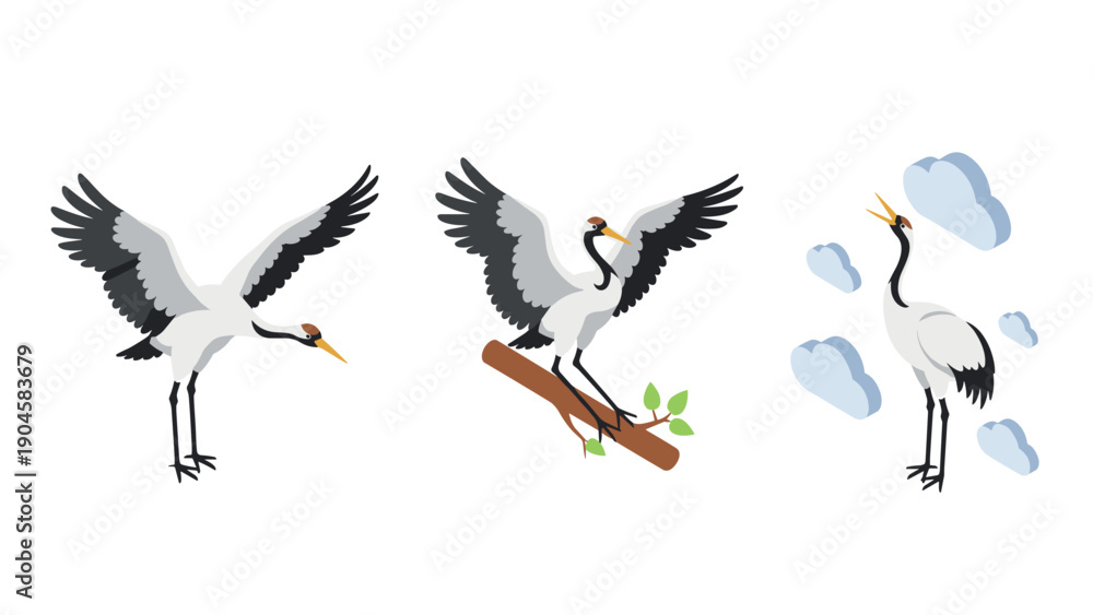 Obraz premium Elegant crane birds in minimalist style with cloud accents