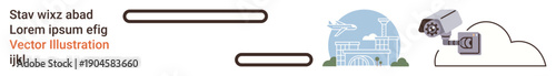 Security monitoring, cloud technology, airport safety, surveillance, data connectivity, remote access. A CCTV camera connected to the cloud with an airport in the background. Security monitoring