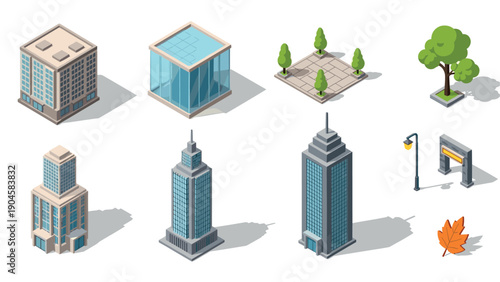 Isometric urban architecture elements featuring skyscrapers, park, and modern structures