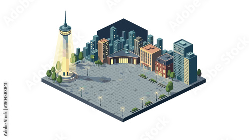 Isometric city square with modern buildings and urban skyline