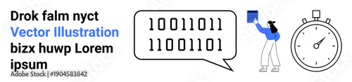 Data processing, time management, technology workflows, coding analysis, educational tools, digital research. Binary code in a speech bubble, stopwatch person reading data. Data processing and time