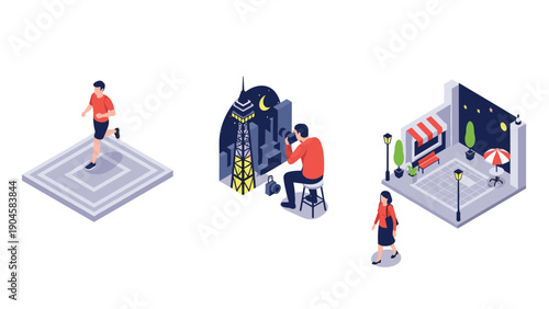 Isometric city life scenes with people: photography, running, and urban leisure activities