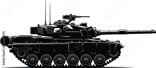 Black and White Silhouette Vector Illustration of a Modern Military Battle Tank with Cannon and Armored Tracks on White Background