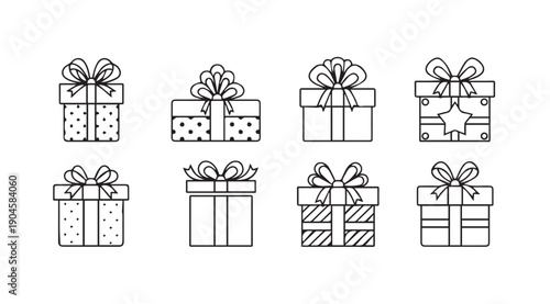 Collection of Hand Drawn Gift Boxes with Ribbons and Bows, Isolated on White