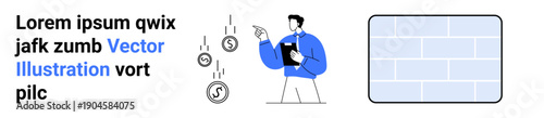 Financial planning, wealth management, business strategy, investment, reporting, budget allocation. Man holding a clipboard pointing at falling coins. Financial planning and wealth management