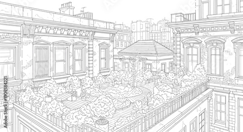 Urban Rooftop Garden with Lush Plants and Seating Areas Coloring Page
