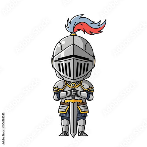 Cute Chibi Knight Holding Sword, Cartoon Character in Armor with Plume