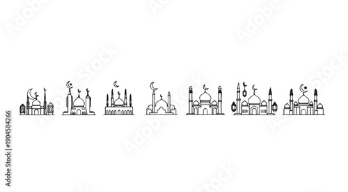 Collection of Islamic Mosques Icons with Crescent Moon, Line Art Vector