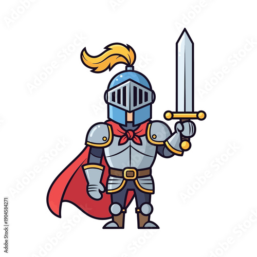 Cartoon Knight Warrior with Sword and Red Cape - Vector Illustration