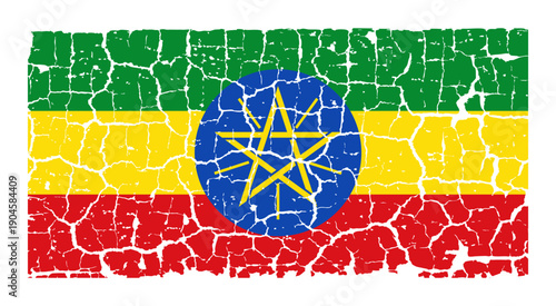 Illustration of the national flag of Ethiopia painted on a cracked wall. Grunge distressed style background with official Ethiopian green, yellow, and red colors with blue star emblem.