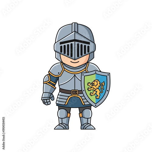 Cute cartoon knight in full armor holding a shield with a lion emblem