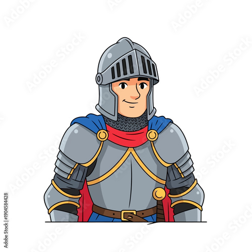 Cartoon Knight in Shining Armor with Red Cape and Blue Mantle