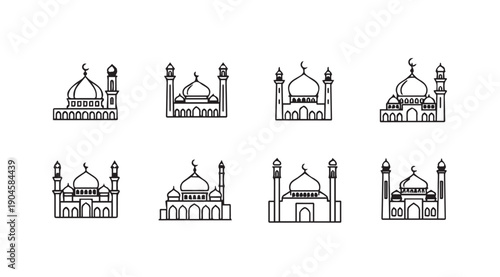 Collection of Mosque Icons, Islamic Architecture Line Art, Religious Buildings Symbols