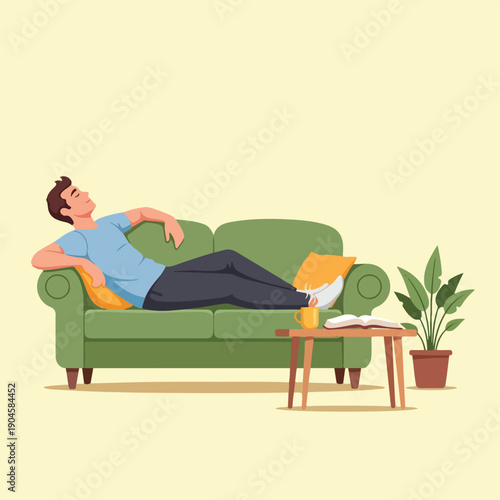 A person relaxing on a green sofa, enjoying a peaceful moment