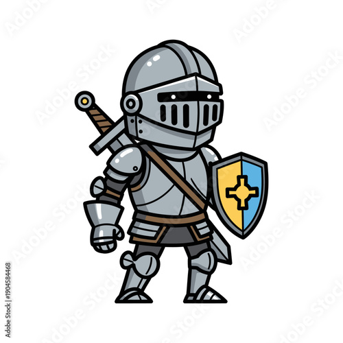 Cartoon Knight in Armor with Sword and Shield