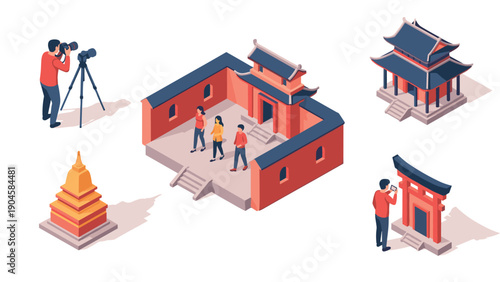 Exploring asian architecture: isometric illustrations of temples and pagodas