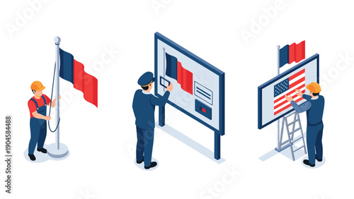 Isometric construction and installation of national flags by workers and officials