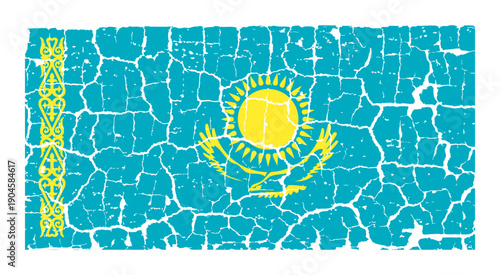 Illustration of the national flag of Kazakhstan painted on a cracked wall. Grunge distressed style background with official Kazakh light blue and gold colors with sun and eagle.