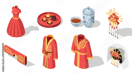 Traditional chinese attire and elements in isometric style